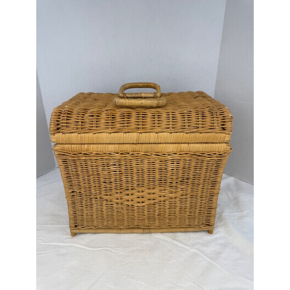Vintage Cottage Granny Wicker Storage Trunk Basket Hinged Lid‎ & Handles Natural